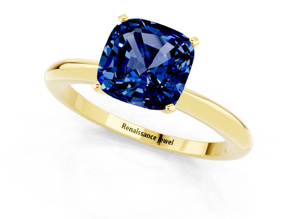 Yellow gold Cushion Cut Blue Sapphire Solitaire Ring with Six-Prong Setting and Classic Band