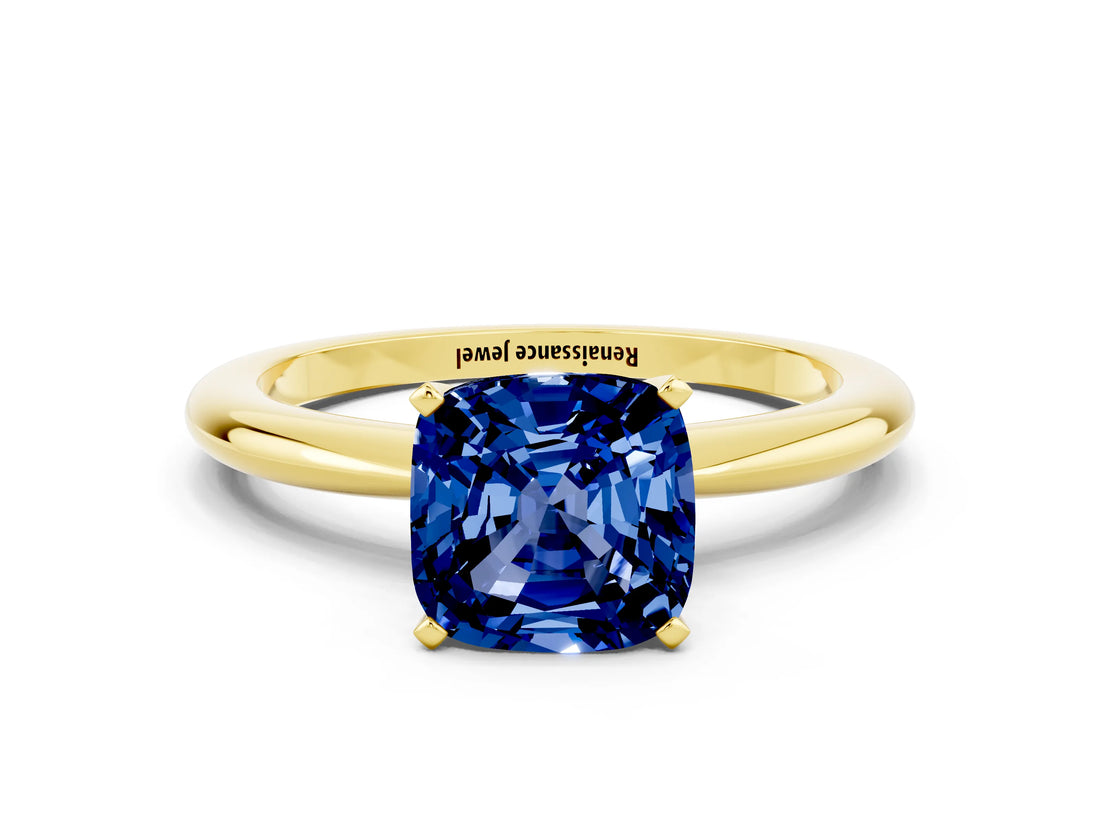 18K Yellow Gold Blue Sapphire Solitaire Ring with Prong Setting and Classic Band