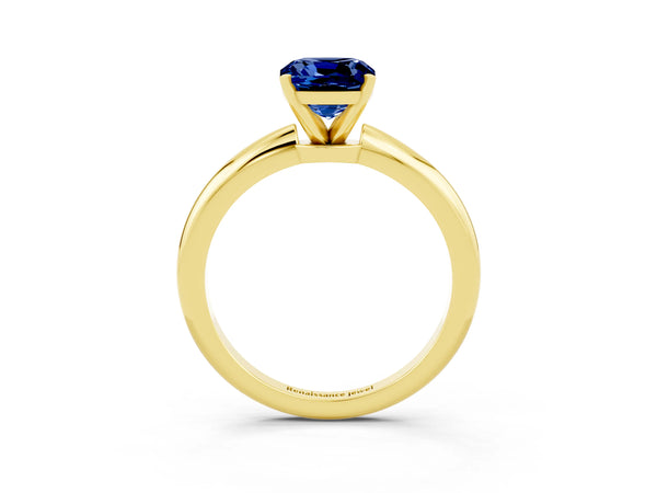 Yellow gold Cushion Cut Blue Sapphire Solitaire Ring with Six-Prong Setting and Classic Band