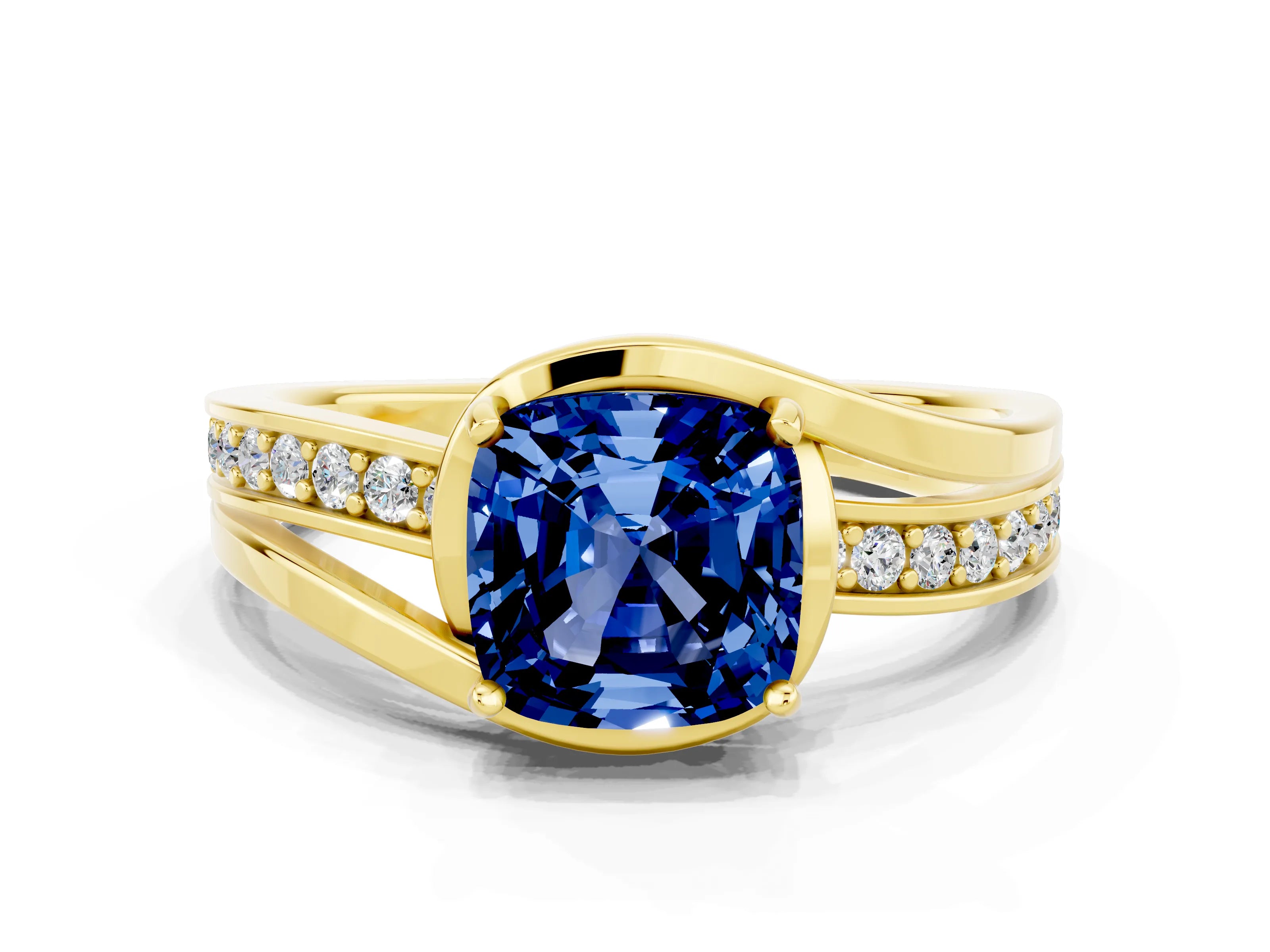 Yellow gold Cushion Cut Blue Sapphire Solitaire Ring with Split Shank and Prong Setting