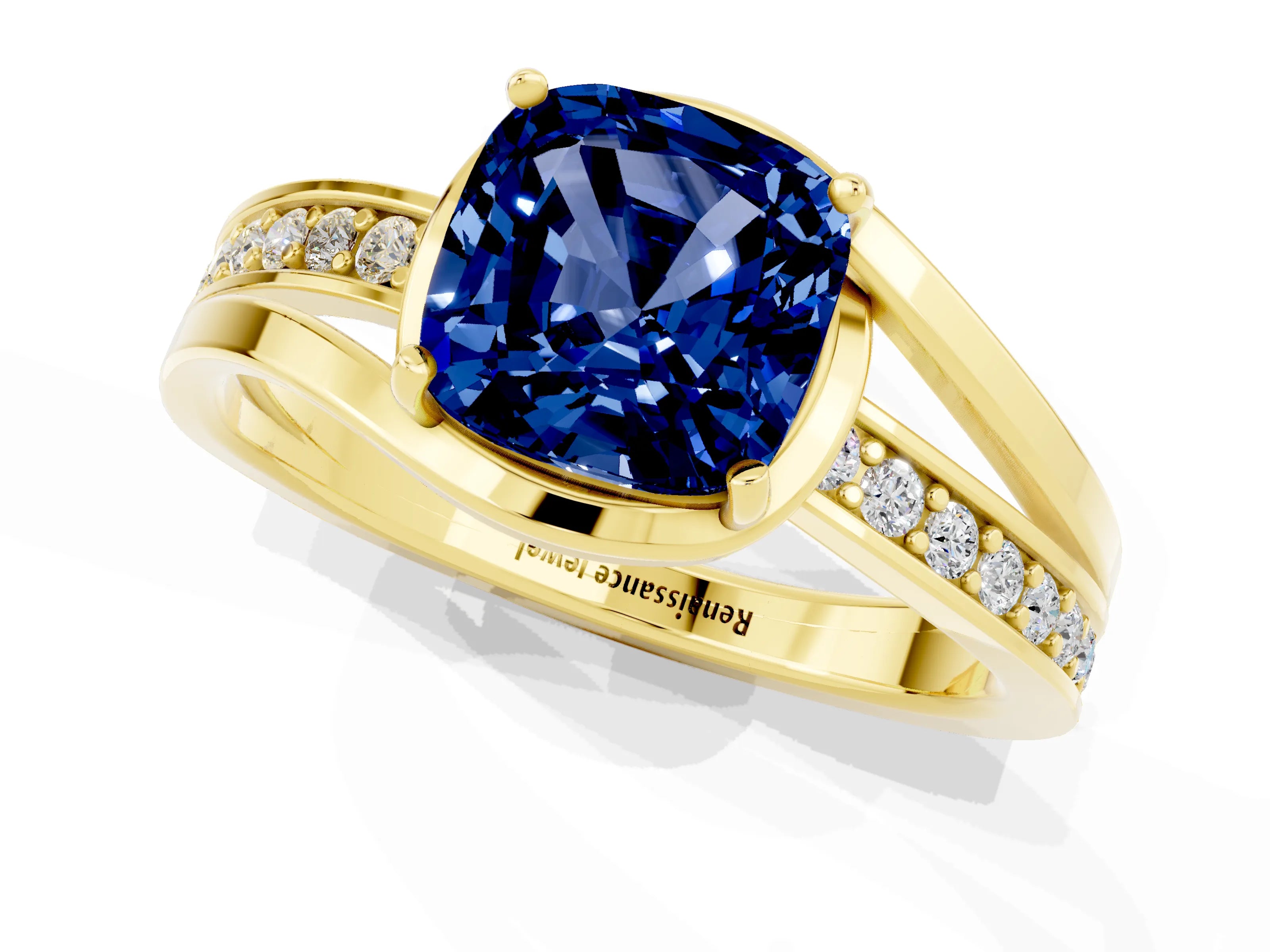 Yellow gold Cushion Cut Blue Sapphire Solitaire Ring with Split Shank and Prong Setting_1