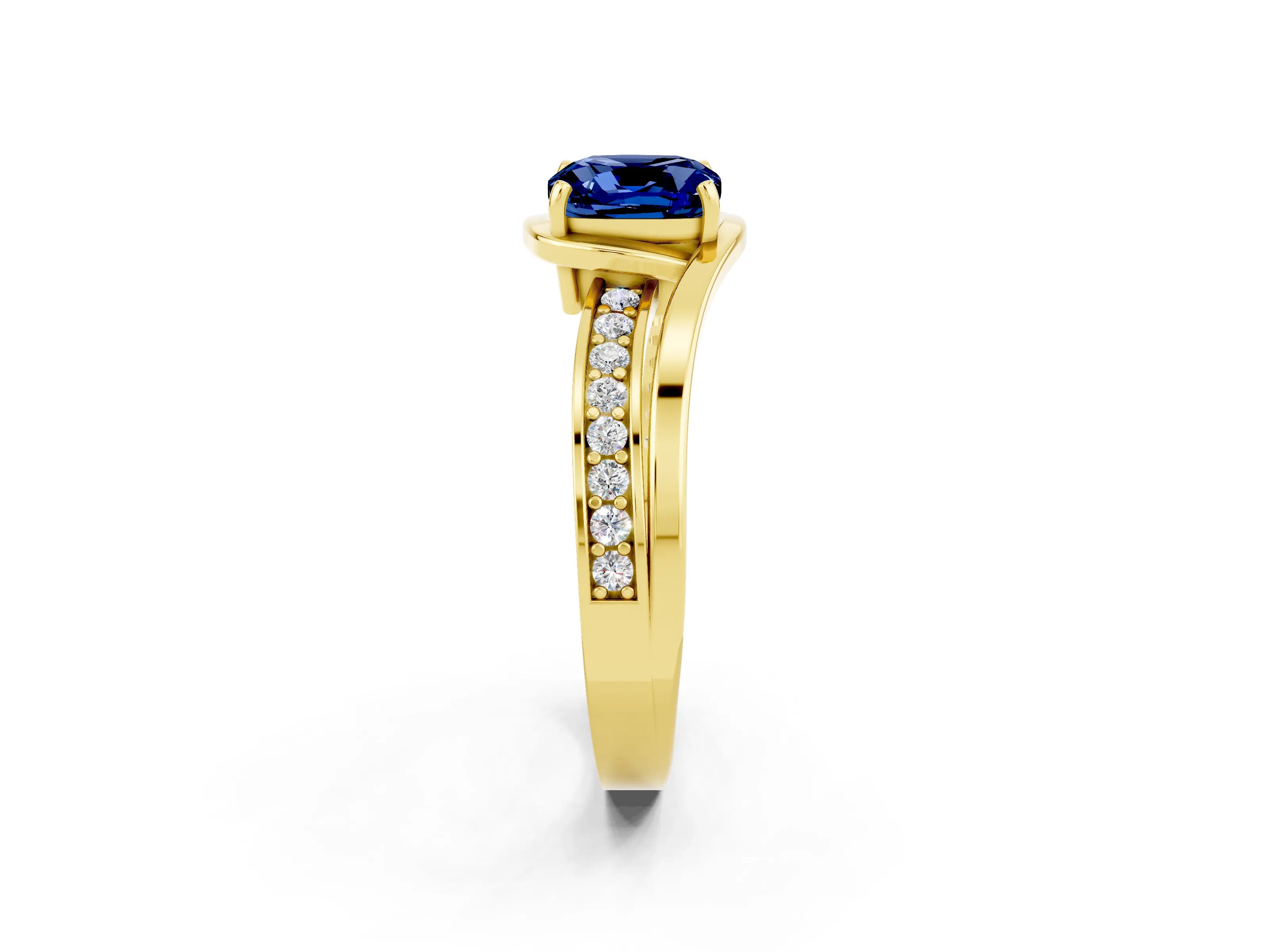 Yellow gold Cushion Cut Blue Sapphire Solitaire Ring with Split Shank and Prong Setting_2
