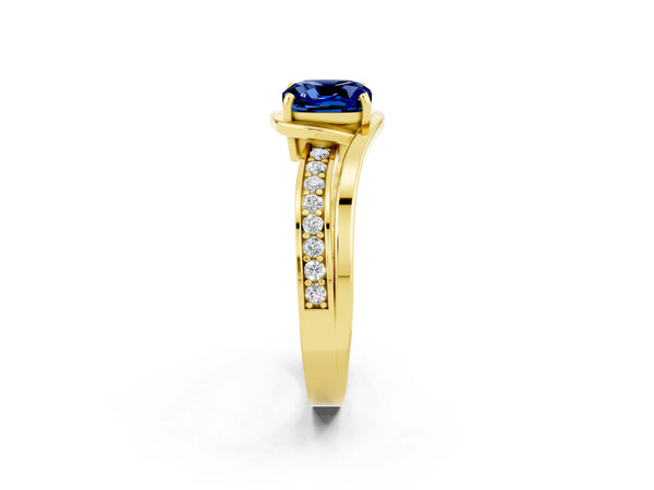 Yellow gold Cushion Cut Blue Sapphire Solitaire Ring with Split Shank and Prong Setting