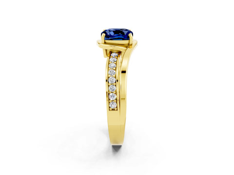 Yellow gold Cushion Cut Blue Sapphire Solitaire Ring with Split Shank and Prong Setting_2