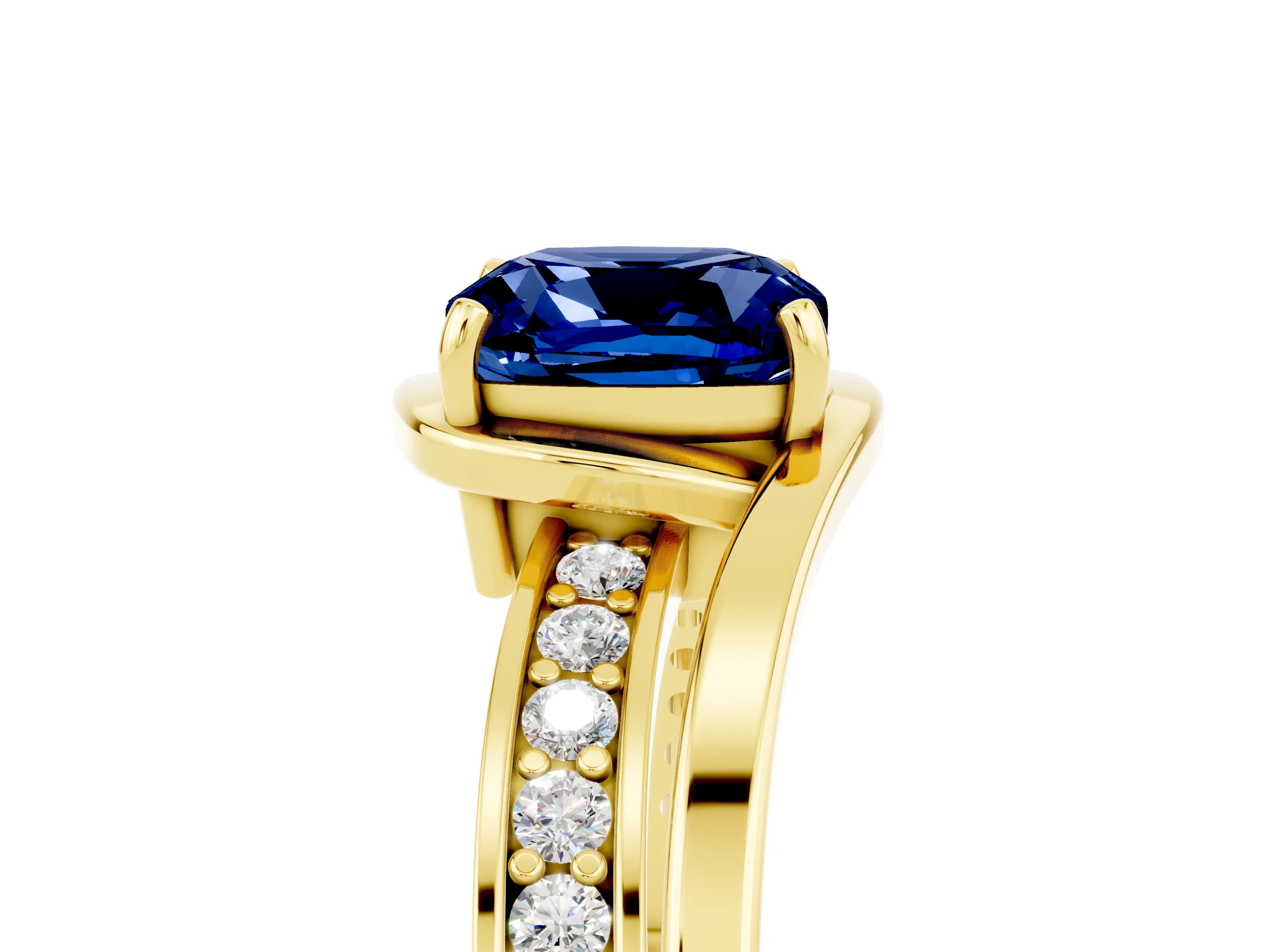 Yellow gold Cushion Cut Blue Sapphire Solitaire Ring with Split Shank and Prong Setting_5