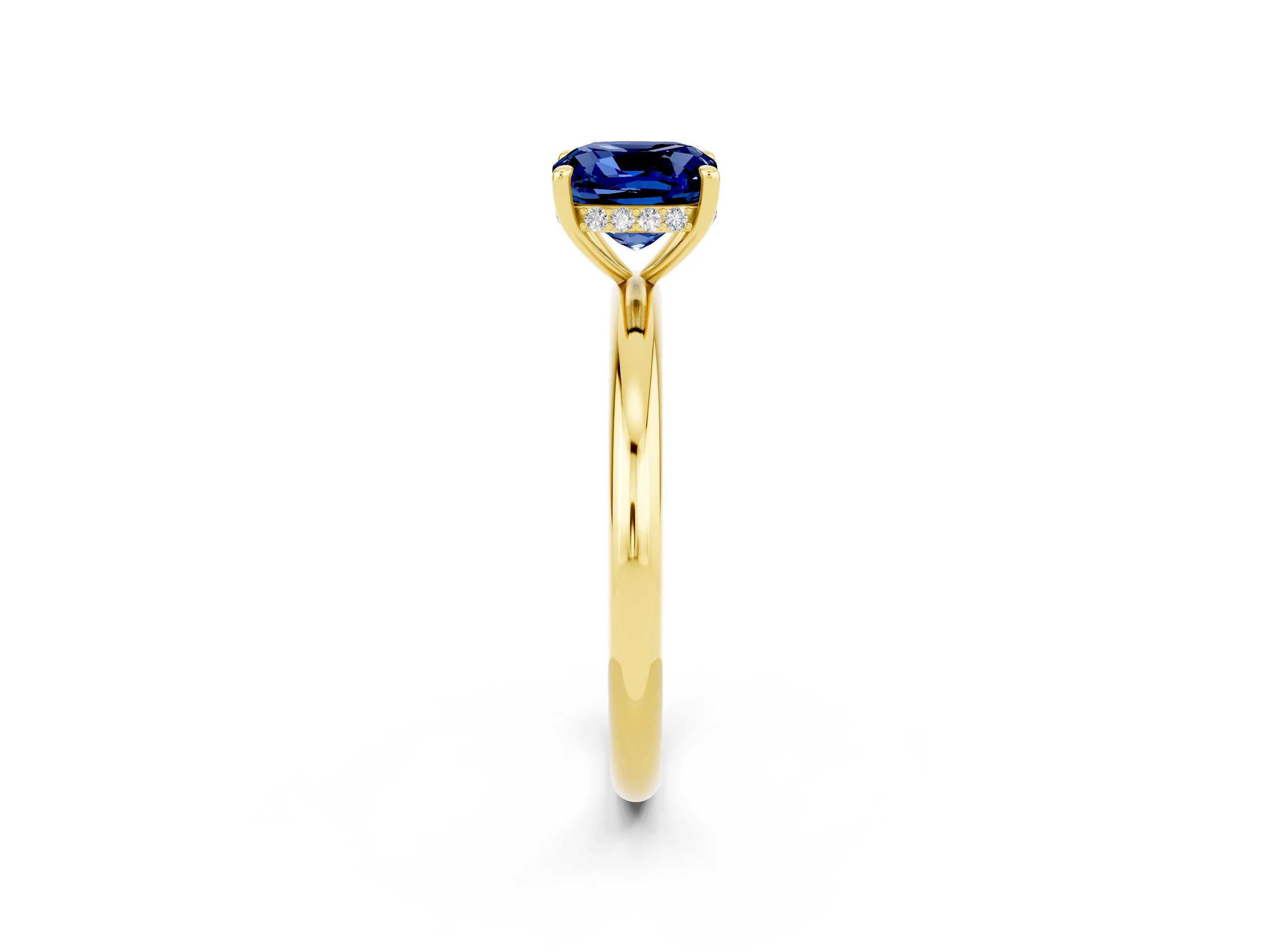 Yellow gold Cushion Cut Blue Sapphire Solitaire Ring with Thin Band and Four-Prong Setting_2