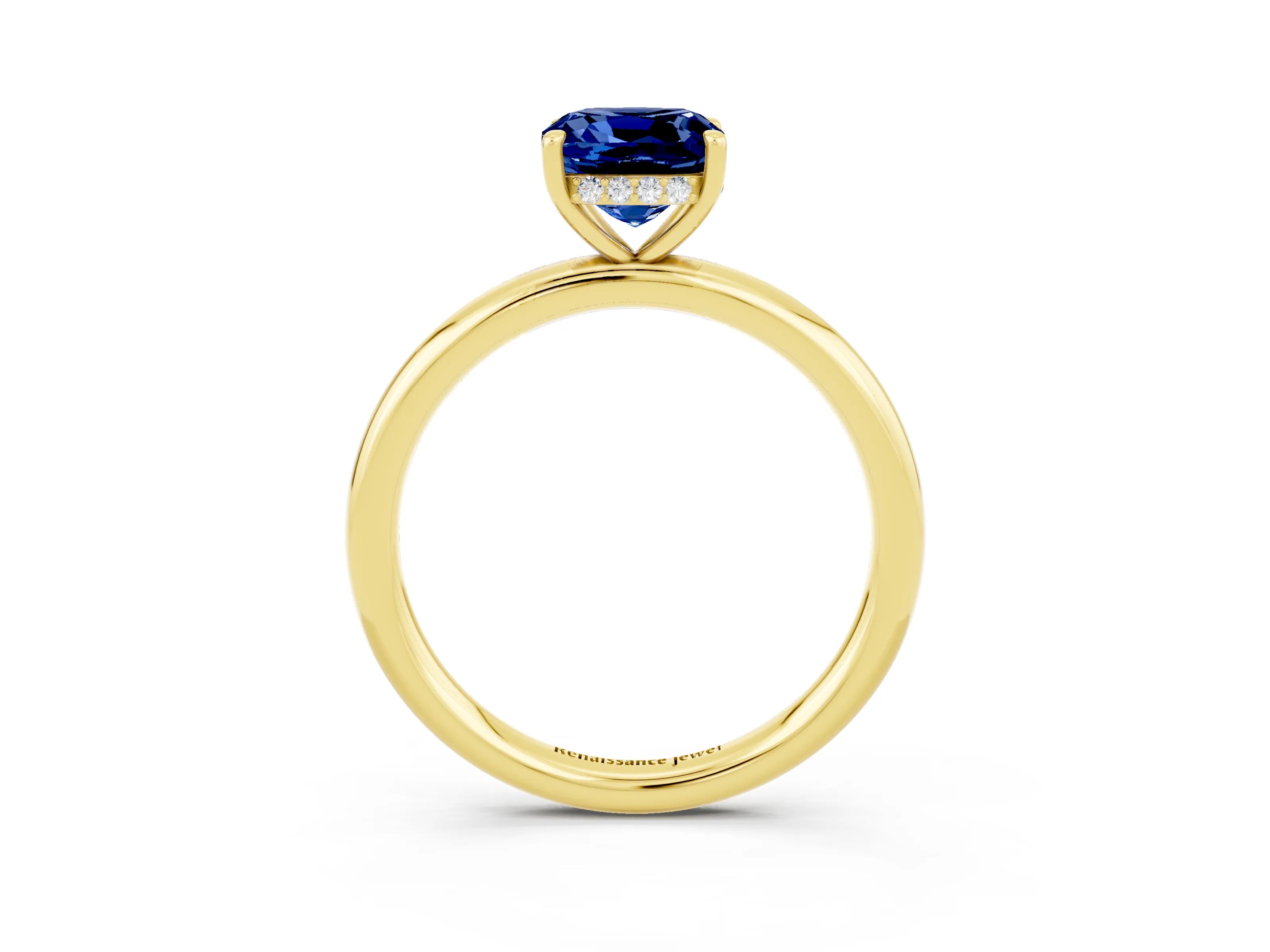 Yellow gold Cushion Cut Blue Sapphire Solitaire Ring with Thin Band and Four-Prong Setting_3