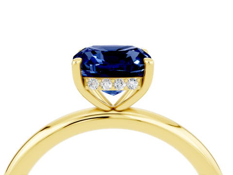 Yellow gold Cushion Cut Blue Sapphire Solitaire Ring with Thin Band and Four-Prong Setting_4