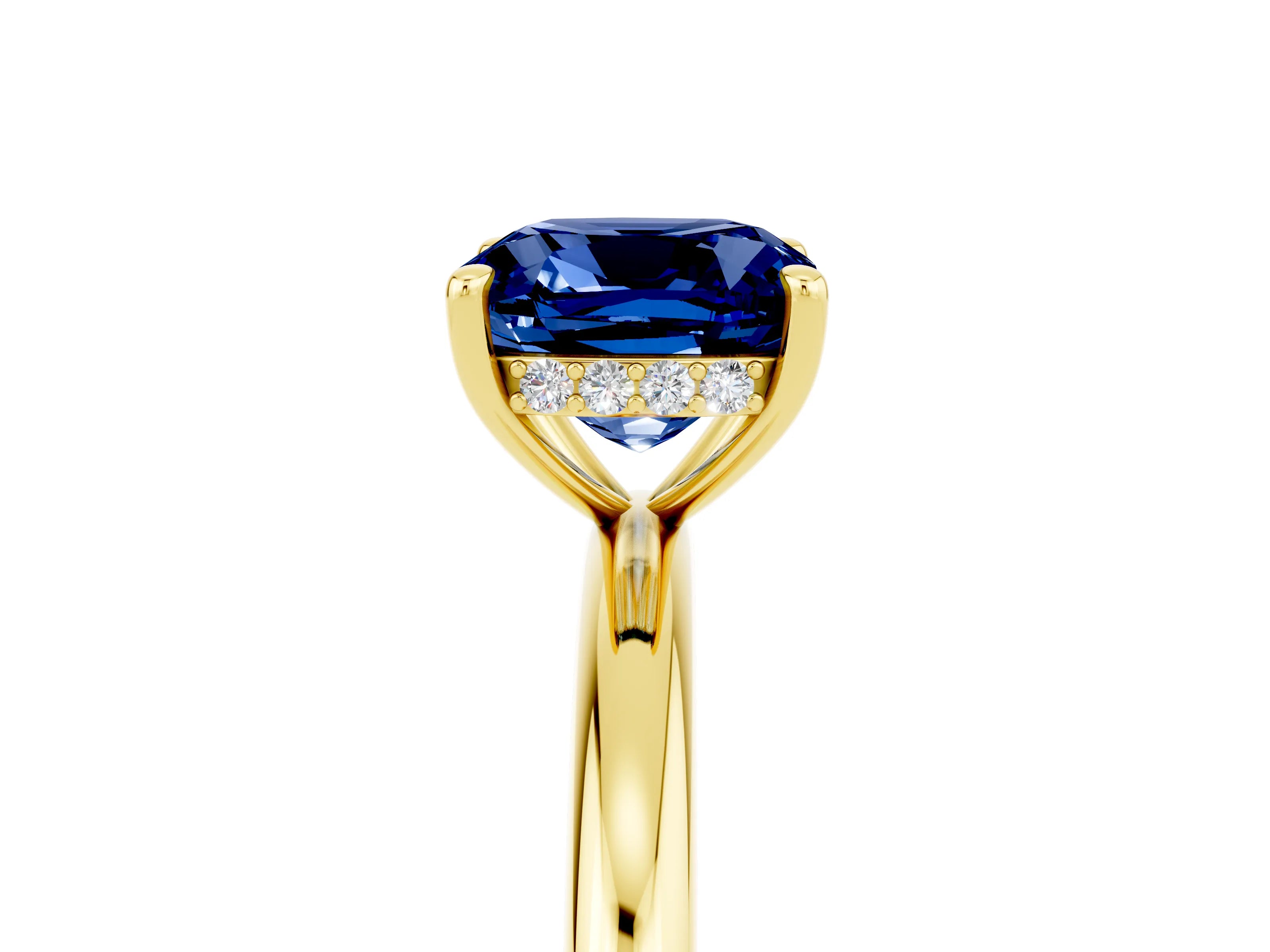 Yellow gold Cushion Cut Blue Sapphire Solitaire Ring with Thin Band and Four-Prong Setting_5