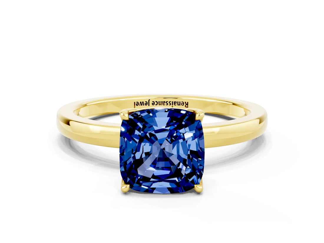 Yellow gold Cushion Cut Blue Sapphire Solitaire Ring with Thin Band and Prong Setting_12
