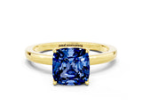 Yellow gold Cushion Cut Blue Sapphire Solitaire Ring with Thin Band and Prong Setting_12