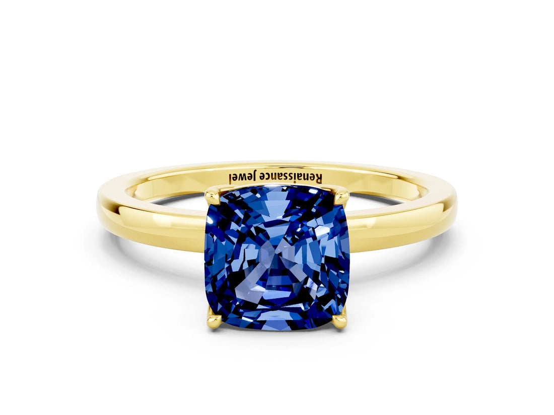 Yellow gold Cushion Cut Blue Sapphire Solitaire Ring with Thin Band and Prong Setting_24