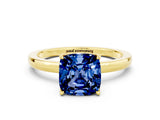 Yellow gold Cushion Cut Blue Sapphire Solitaire Ring with Thin Band and Prong Setting_24