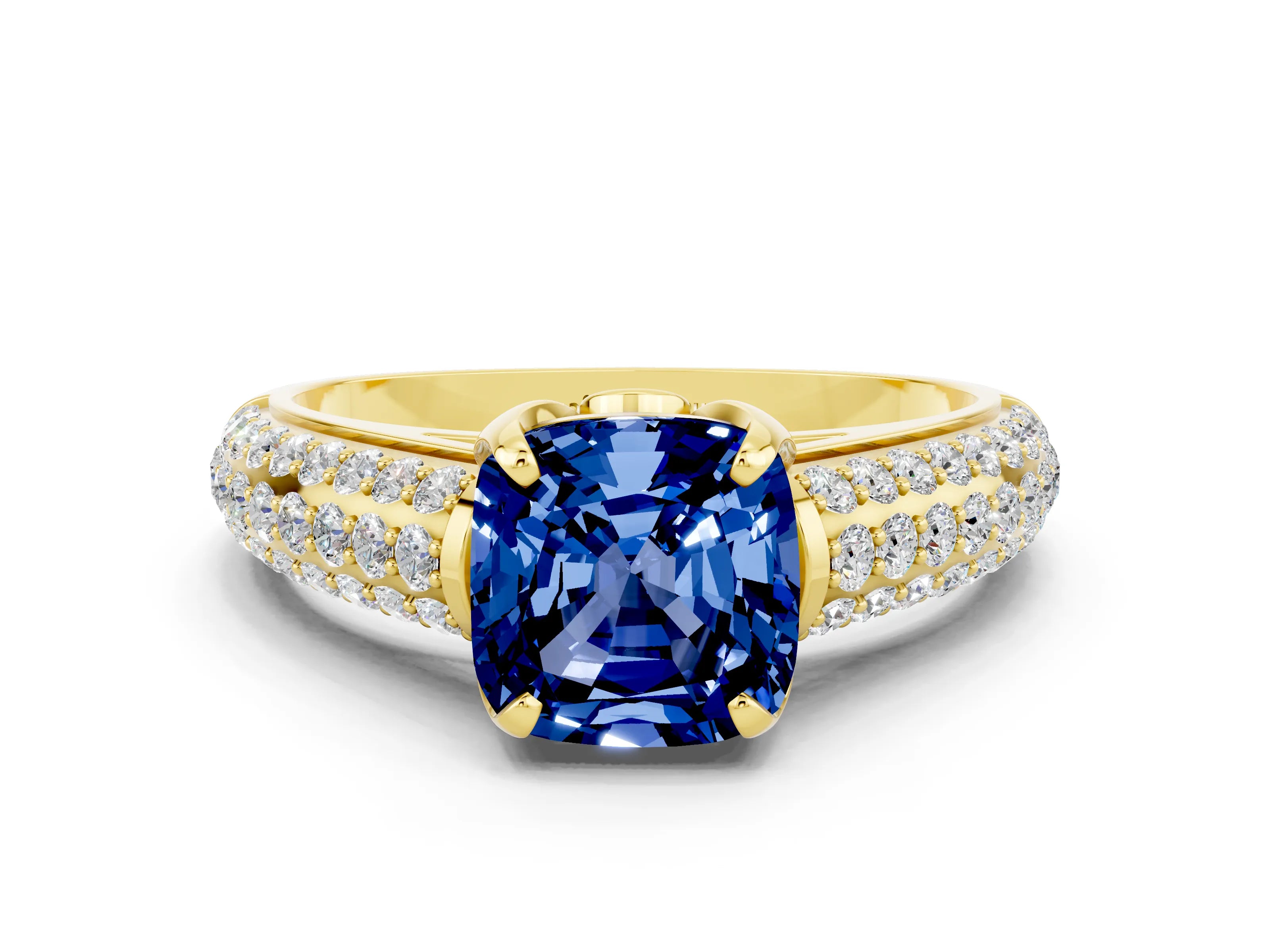 Yellow gold Cushion Cut Blue Sapphire Solitaire Ring with Three-Row Pavé Band and Four-Prong Setting_12