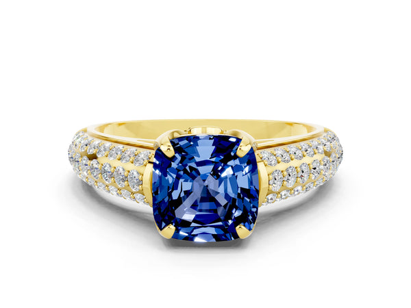 Yellow gold Cushion Cut Blue Sapphire Solitaire Ring with Three-Row Pavé Band and Four-Prong Setting