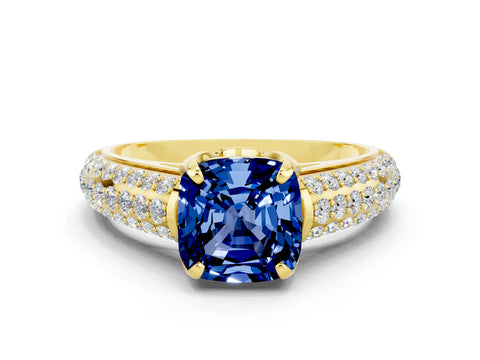 Yellow gold Cushion Cut Blue Sapphire Solitaire Ring with Three-Row Pavé Band and Four-Prong Setting_12