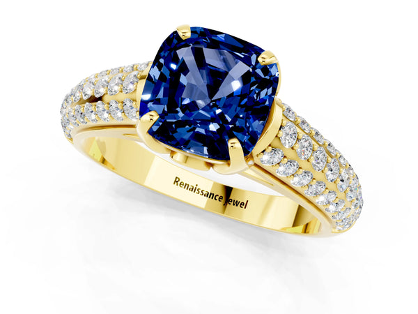 Yellow gold Cushion Cut Blue Sapphire Solitaire Ring with Three-Row Pavé Band and Four-Prong Setting
