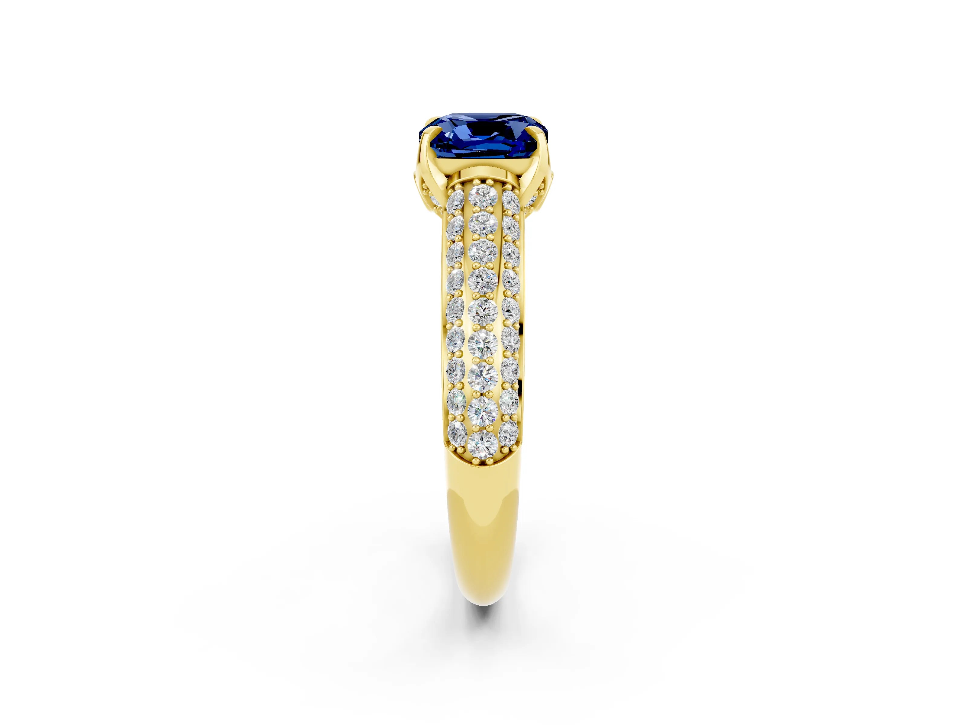 Yellow gold Cushion Cut Blue Sapphire Solitaire Ring with Three-Row Pavé Band and Four-Prong Setting_14