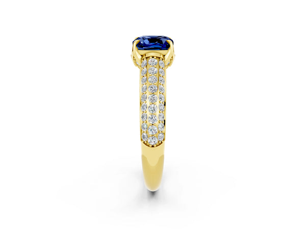 Yellow gold Cushion Cut Blue Sapphire Solitaire Ring with Three-Row Pavé Band and Four-Prong Setting
