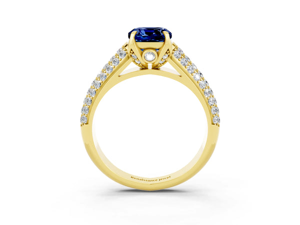 Yellow gold Cushion Cut Blue Sapphire Solitaire Ring with Three-Row Pavé Band and Four-Prong Setting