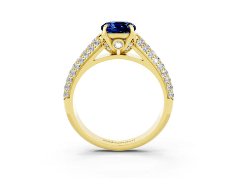 Yellow gold Cushion Cut Blue Sapphire Solitaire Ring with Three-Row Pavé Band and Four-Prong Setting_15