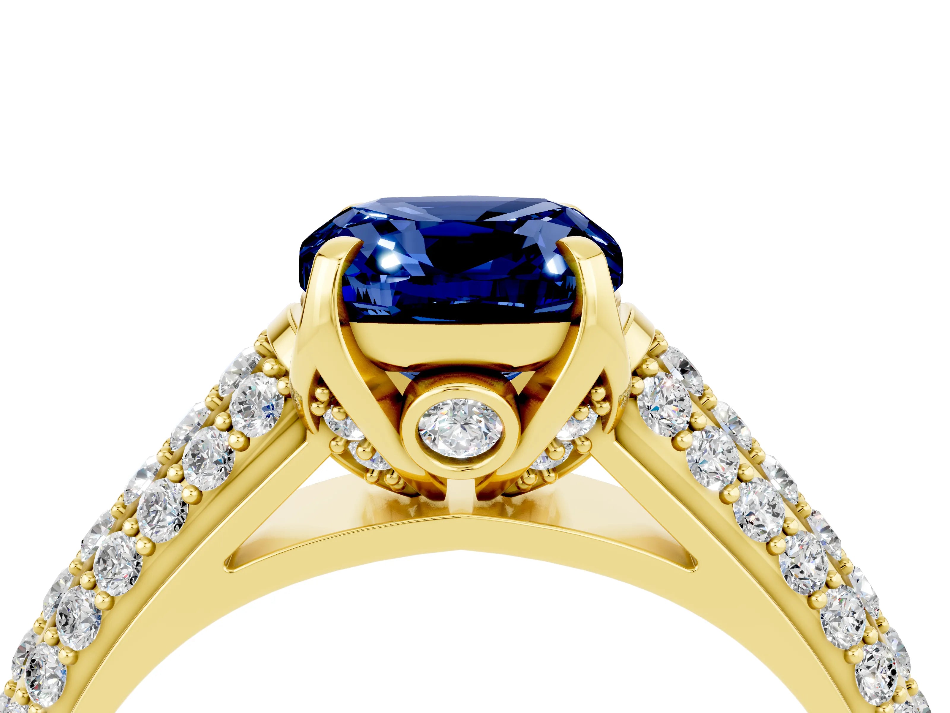 Yellow gold Cushion Cut Blue Sapphire Solitaire Ring with Three-Row Pavé Band and Four-Prong Setting_16