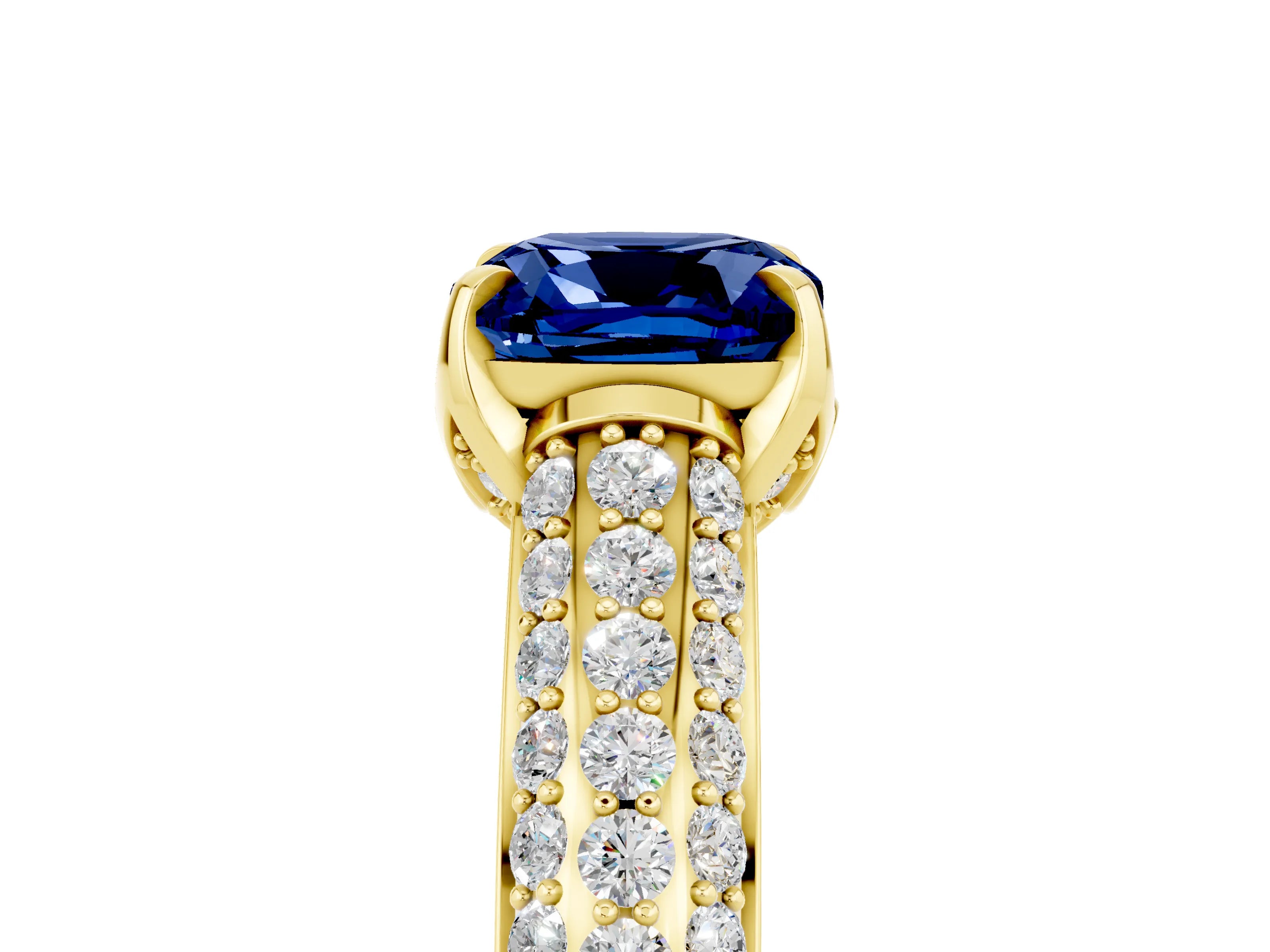 Yellow gold Cushion Cut Blue Sapphire Solitaire Ring with Three-Row Pavé Band and Four-Prong Setting_17