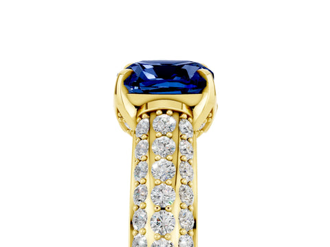 Yellow gold Cushion Cut Blue Sapphire Solitaire Ring with Three-Row Pavé Band and Four-Prong Setting_17