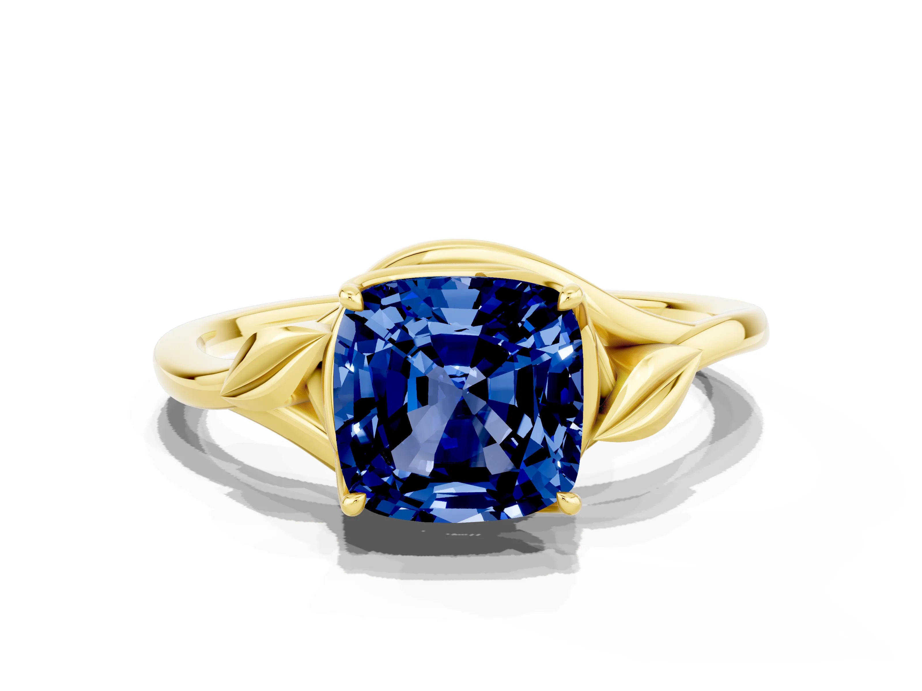 Yellow gold Cushion Cut Blue Sapphire Solitaire Ring with Twist Band and Four-Prong Setting_24