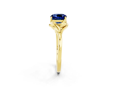 Yellow gold Cushion Cut Blue Sapphire Solitaire Ring with Twist Band and Four-Prong Setting_26