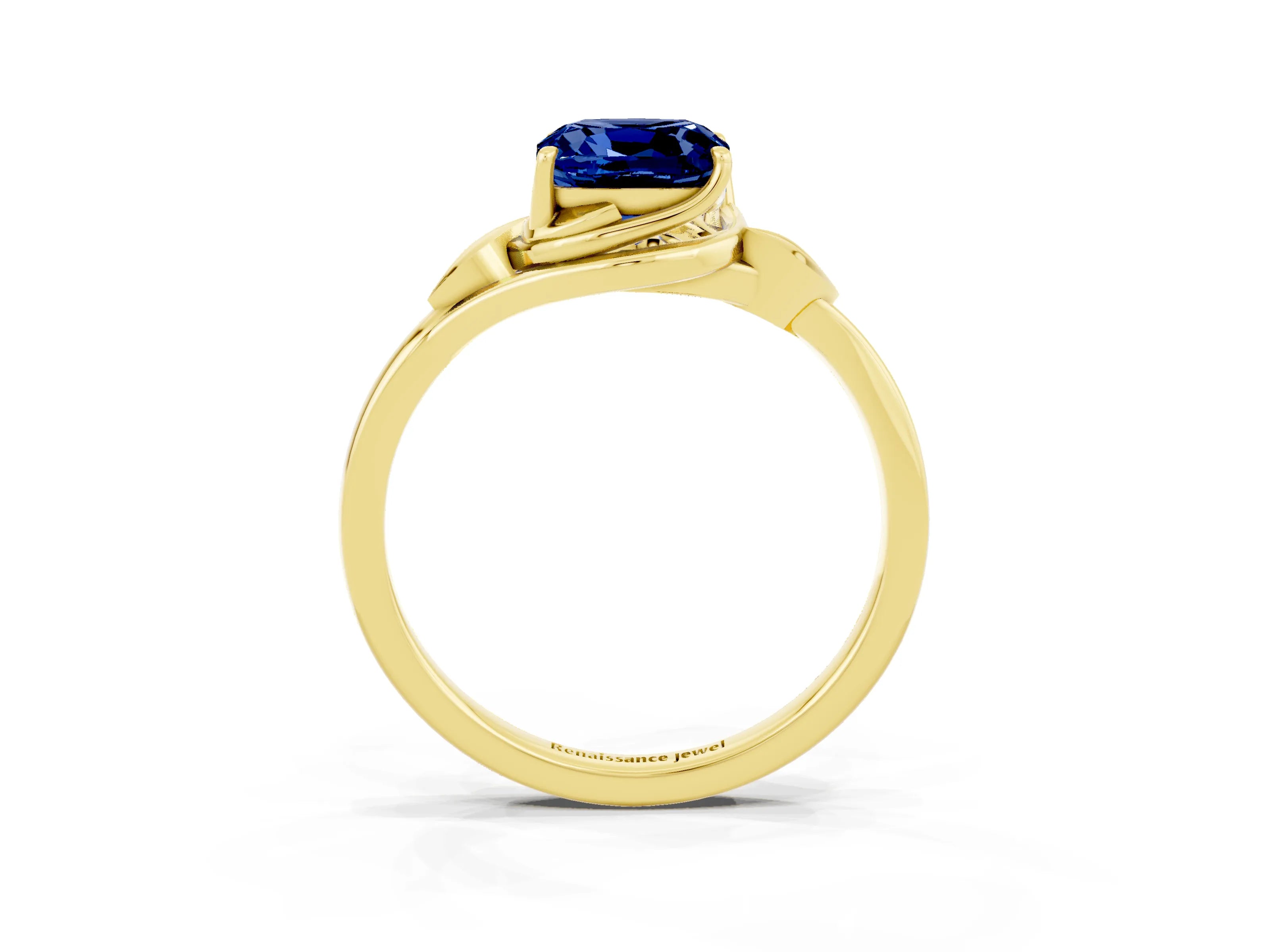 Yellow gold Cushion Cut Blue Sapphire Solitaire Ring with Twist Band and Four-Prong Setting_27