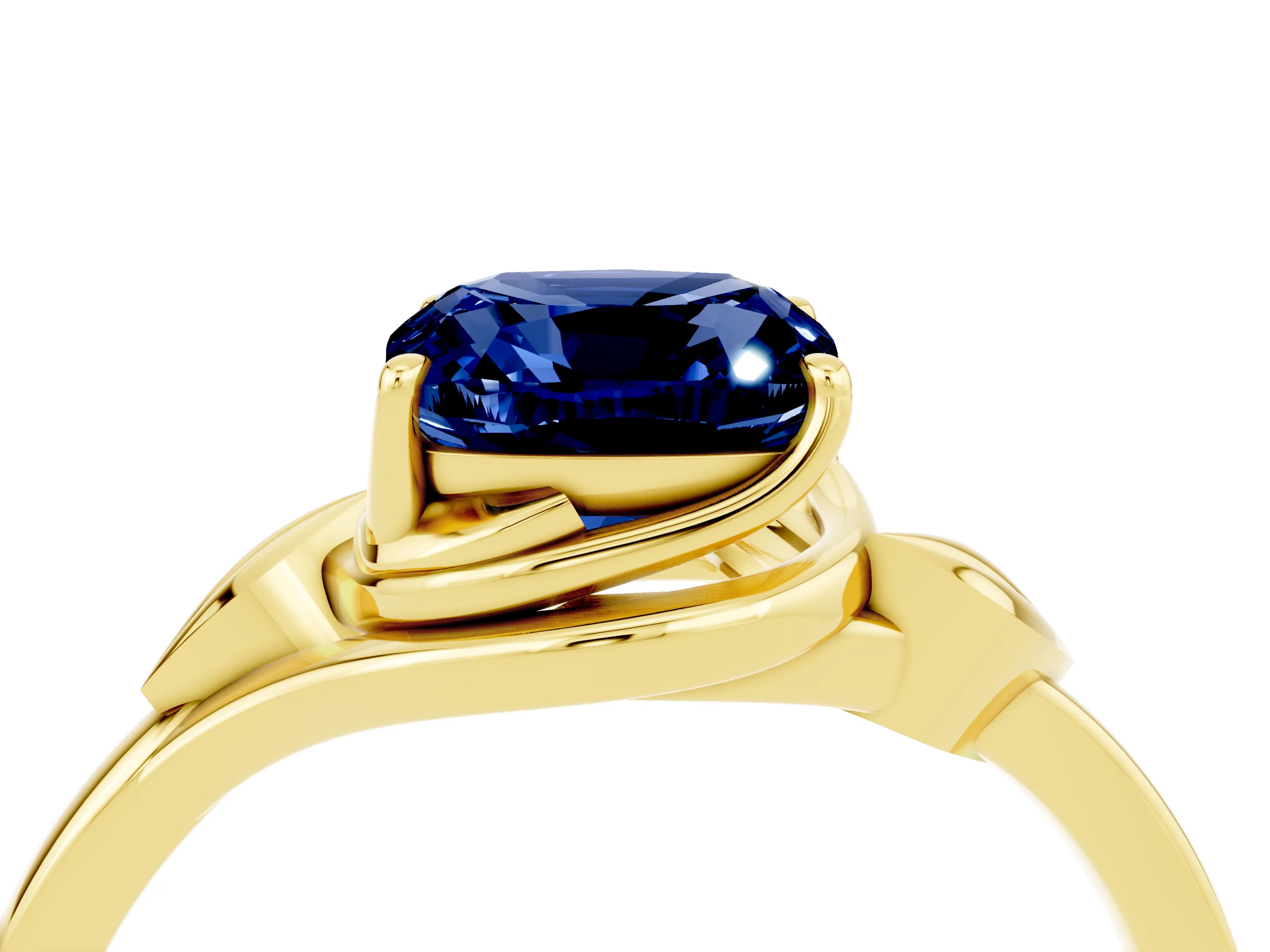 Yellow gold Cushion Cut Blue Sapphire Solitaire Ring with Twist Band and Four-Prong Setting_28