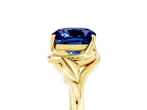 Yellow gold Cushion Cut Blue Sapphire Solitaire Ring with Twist Band and Four-Prong Setting_29