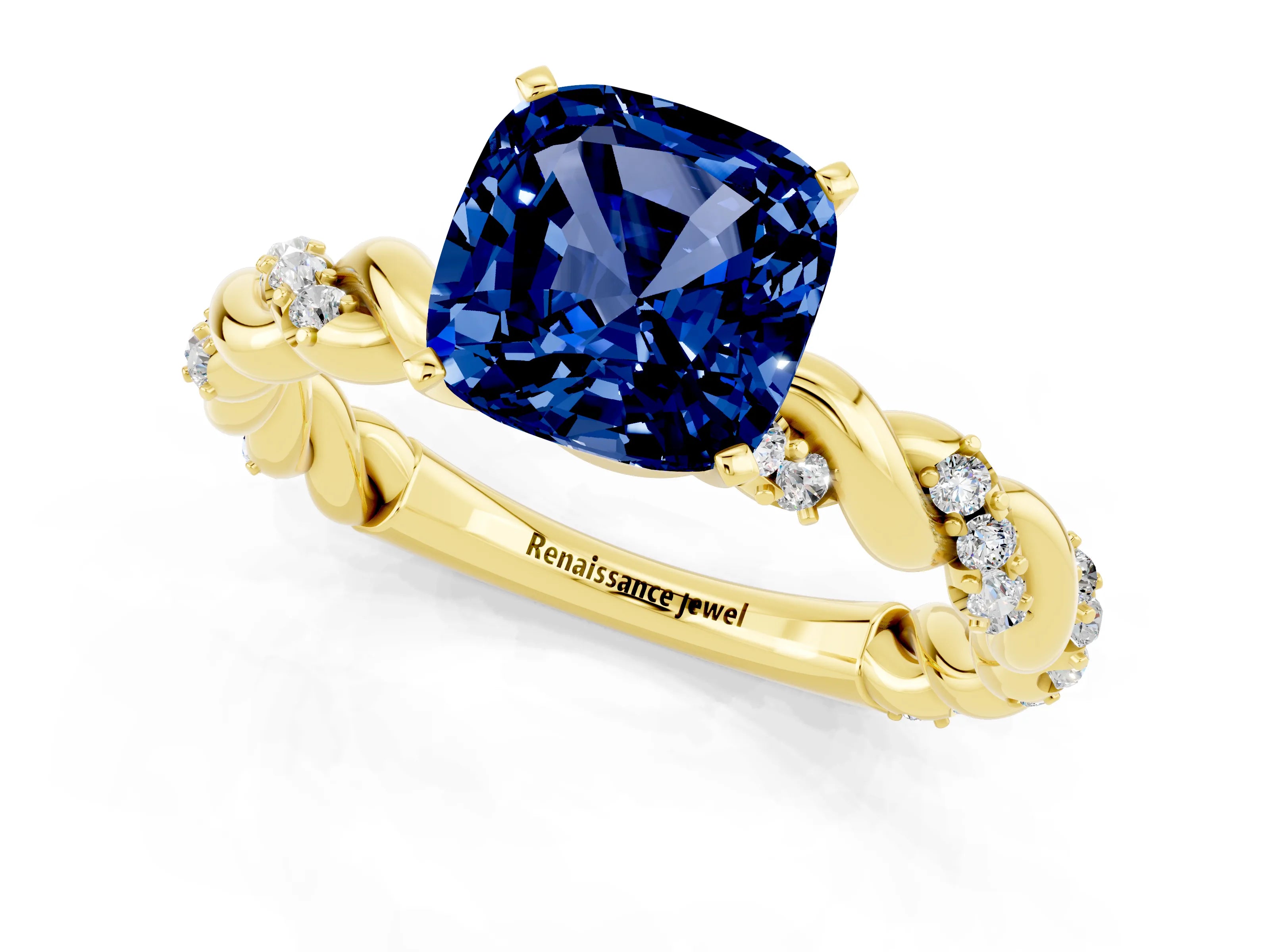 Yellow gold Cushion Cut Blue Sapphire Solitaire Ring with Twisted Band and Pavé Accents_1