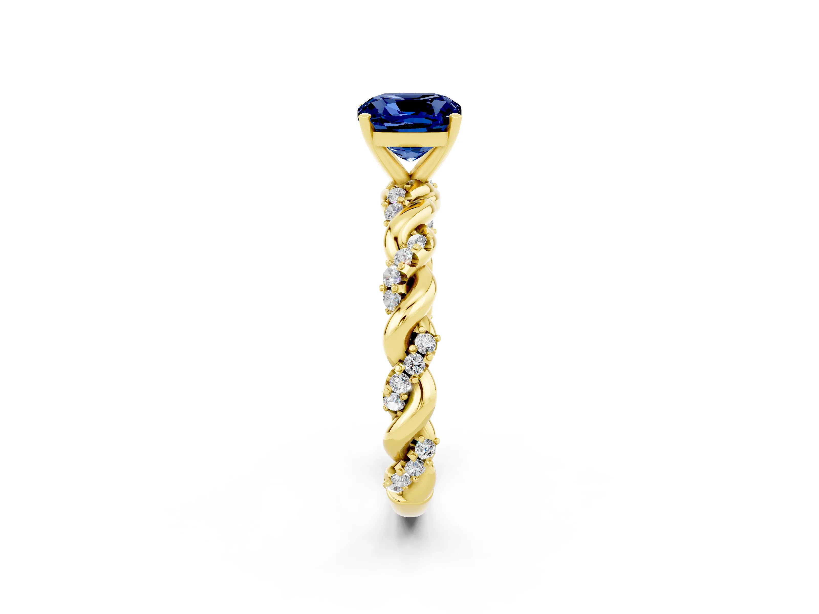 Yellow gold Cushion Cut Blue Sapphire Solitaire Ring with Twisted Band and Pavé Accents_2