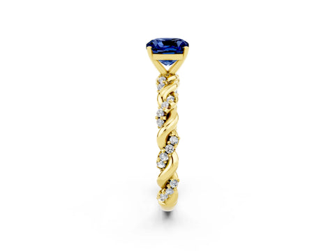 Yellow gold Cushion Cut Blue Sapphire Solitaire Ring with Twisted Band and Pavé Accents_2