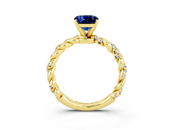 Yellow gold Cushion Cut Blue Sapphire Solitaire Ring with Twisted Band and Pavé Accents