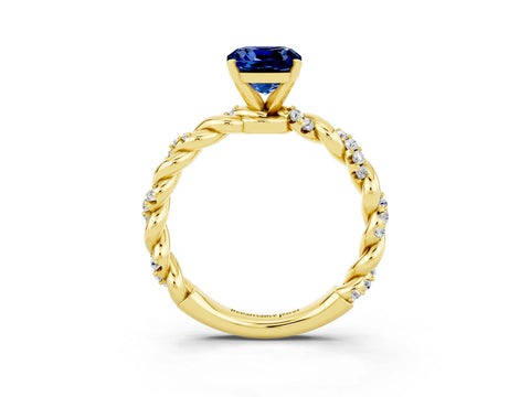 Yellow gold Cushion Cut Blue Sapphire Solitaire Ring with Twisted Band and Pavé Accents_3