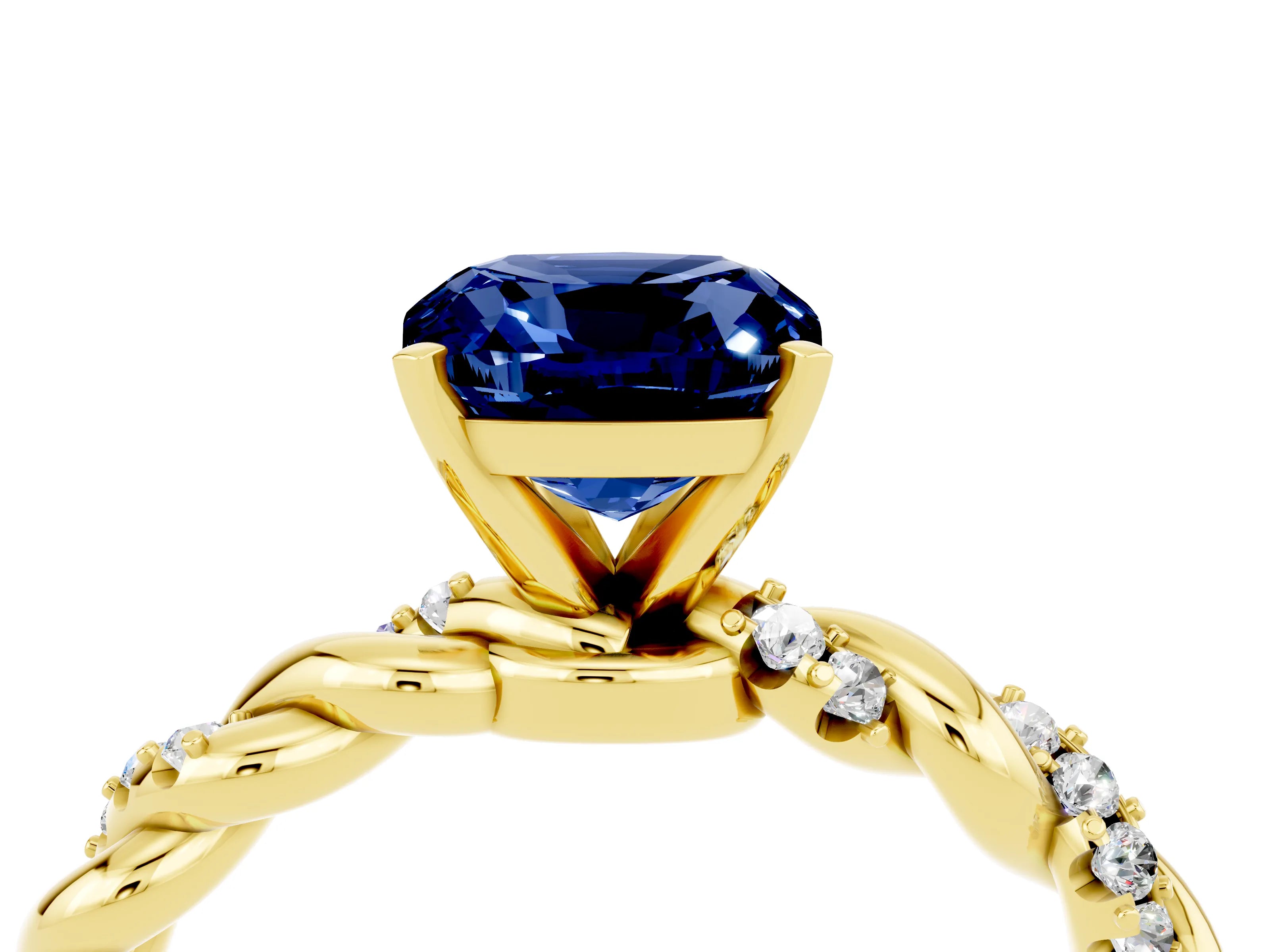 Yellow gold Cushion Cut Blue Sapphire Solitaire Ring with Twisted Band and Pavé Accents_4