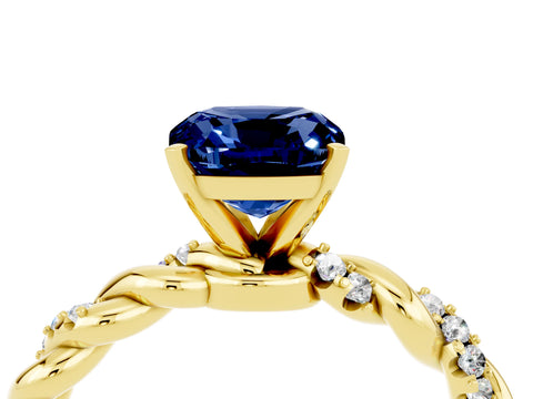Yellow gold Cushion Cut Blue Sapphire Solitaire Ring with Twisted Band and Pavé Accents_4