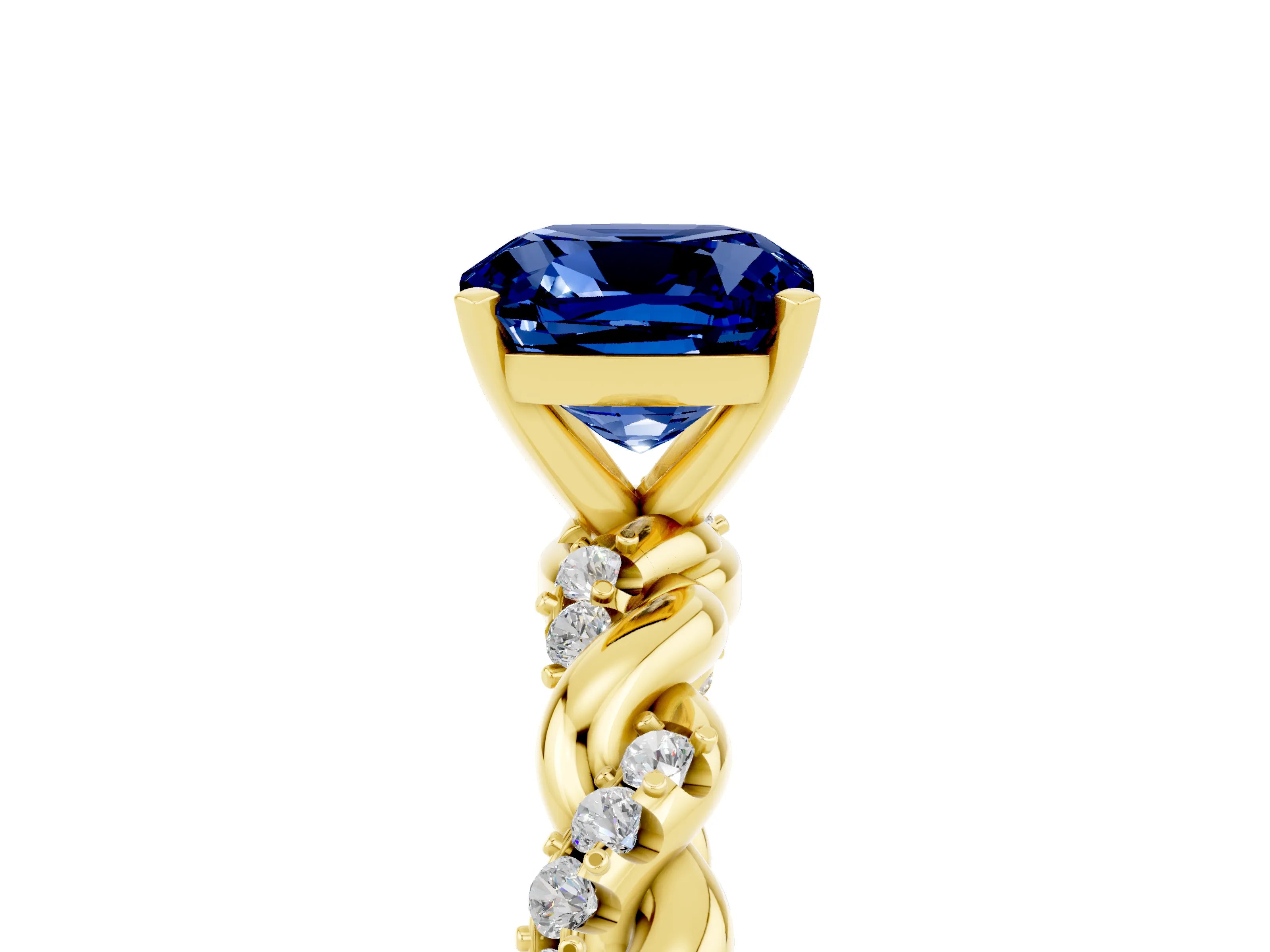 Yellow gold Cushion Cut Blue Sapphire Solitaire Ring with Twisted Band and Pavé Accents_5