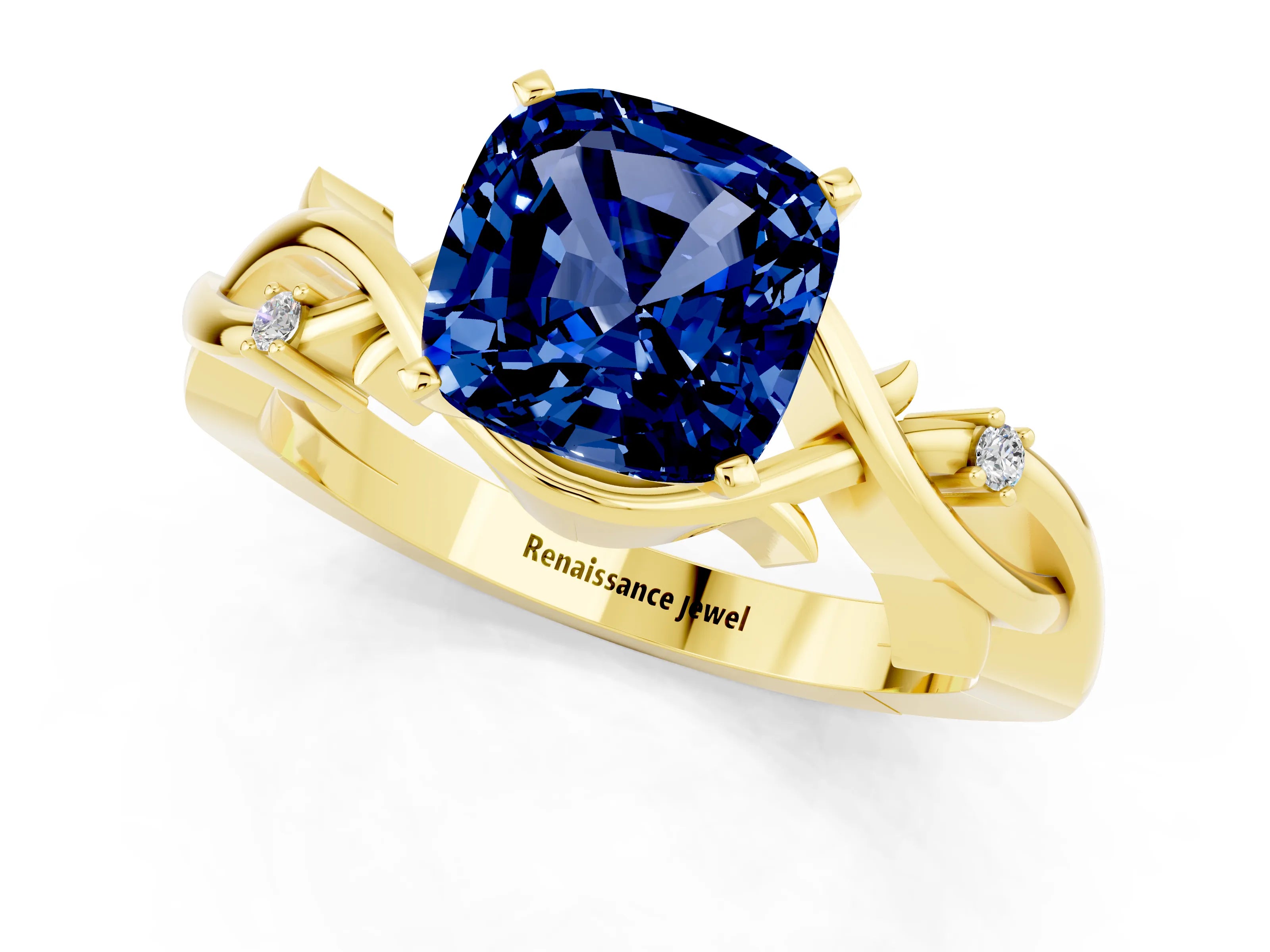 Yellow gold Cushion Cut Blue Sapphire Solitaire Ring with Twisted Band and Prong Setting_1