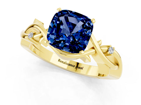 Yellow gold Cushion Cut Blue Sapphire Solitaire Ring with Twisted Band and Prong Setting_1