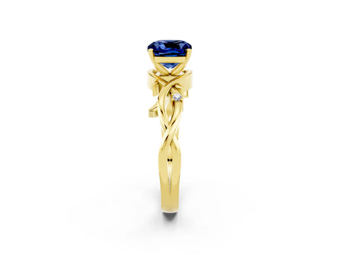Yellow gold Cushion Cut Blue Sapphire Solitaire Ring with Twisted Band and Prong Setting_2