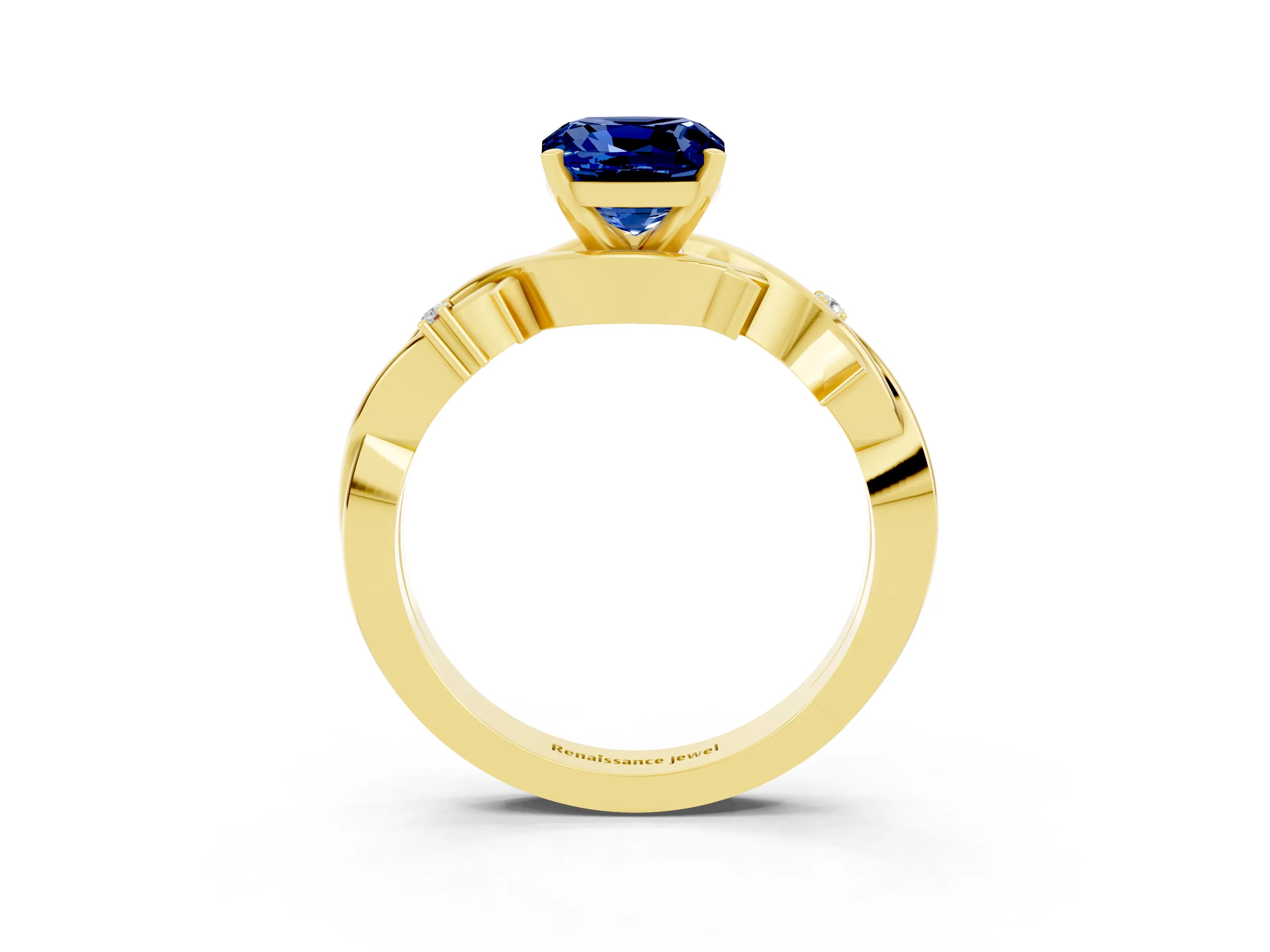 Yellow gold Cushion Cut Blue Sapphire Solitaire Ring with Twisted Band and Prong Setting_3