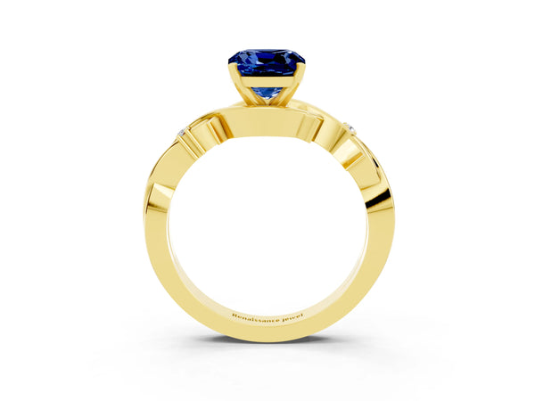 Yellow gold Cushion Cut Blue Sapphire Solitaire Ring with Twisted Band and Prong Setting