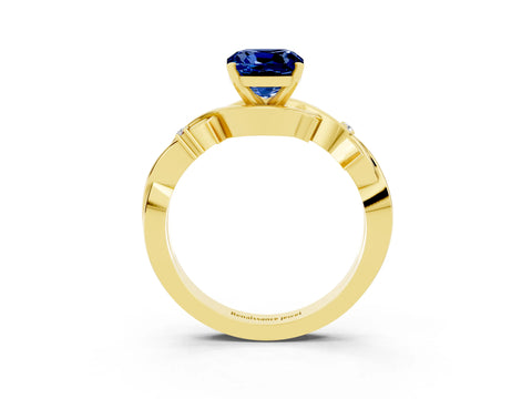 Yellow gold Cushion Cut Blue Sapphire Solitaire Ring with Twisted Band and Prong Setting_3