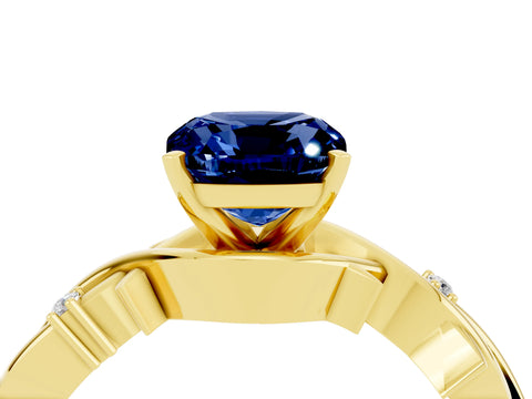 Yellow gold Cushion Cut Blue Sapphire Solitaire Ring with Twisted Band and Prong Setting_4