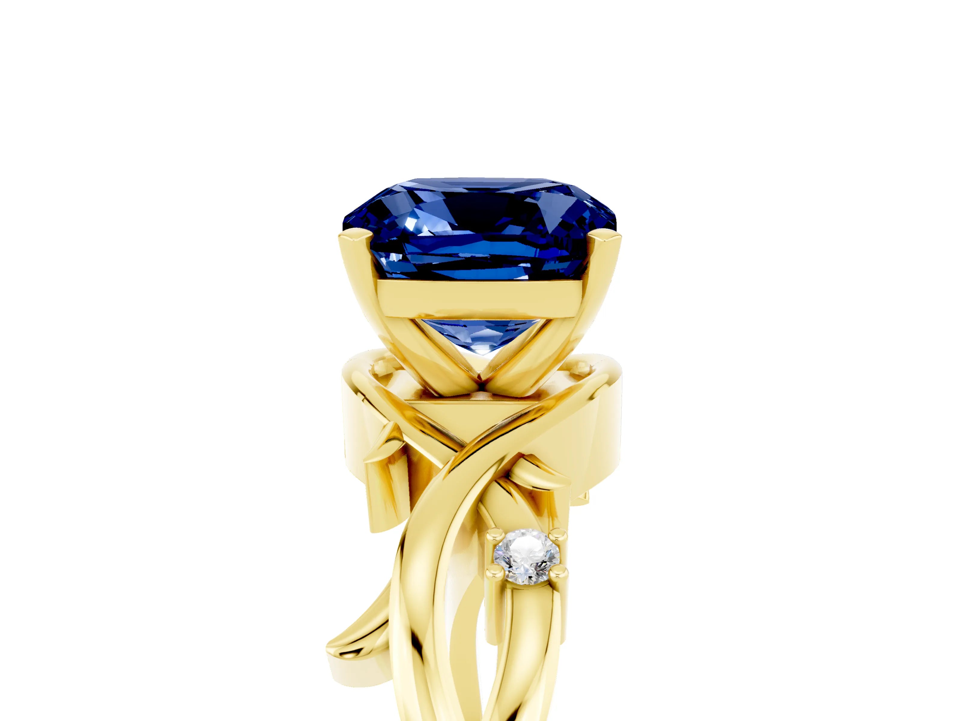Yellow gold Cushion Cut Blue Sapphire Solitaire Ring with Twisted Band and Prong Setting_5