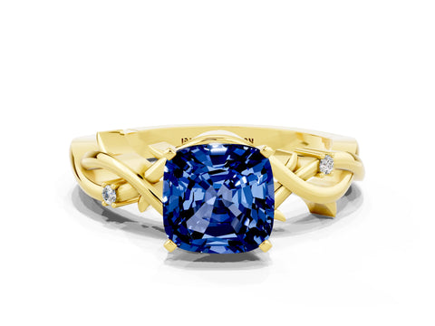 Yellow gold Cushion Cut Blue Sapphire Solitaire Ring with Twisted Band and Prong Setting